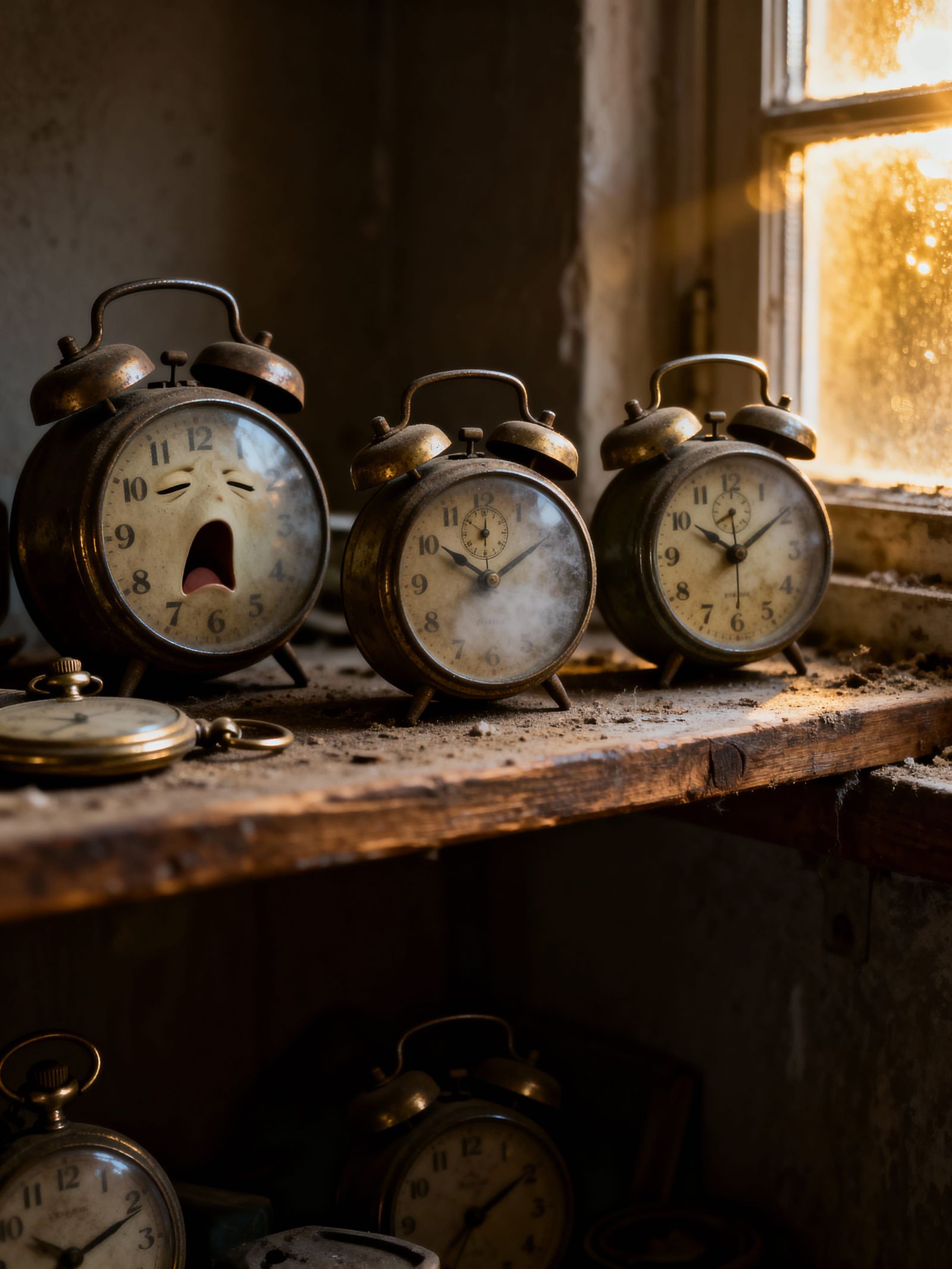 Fatigued Timepieces on Dusty Shelf