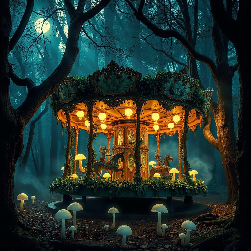 Enchanted Forest Carousel in Ethereal Moonlight