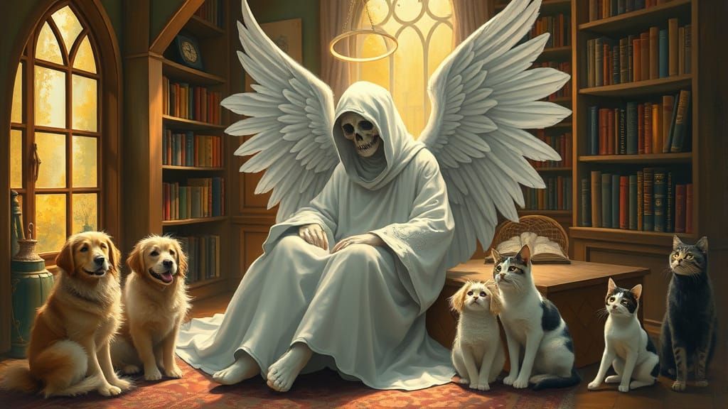 Angel of Death in Whimsical Cottage Sanctuary