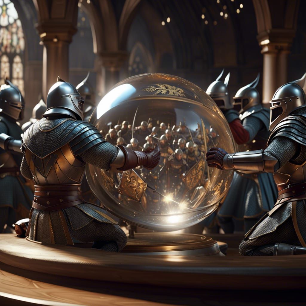 Medieval Army Battle Inside Glass Ball, Hyperrealistic Art