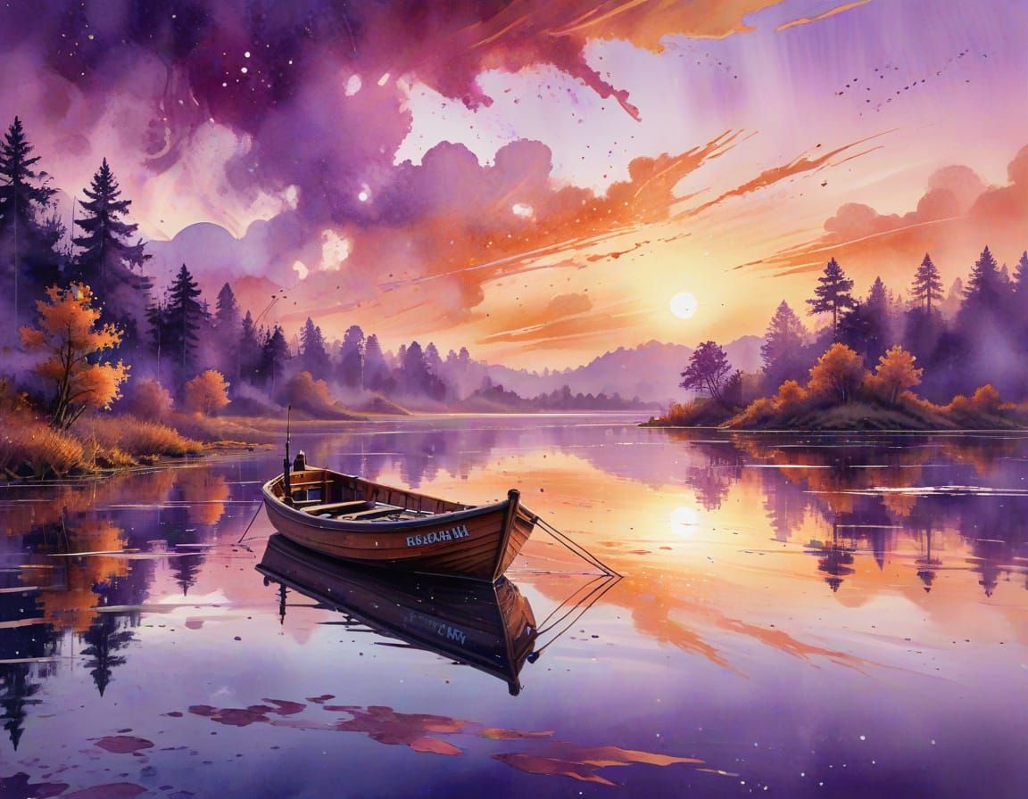 Whimsical Lake Scene in Vibrant Watercolour Style