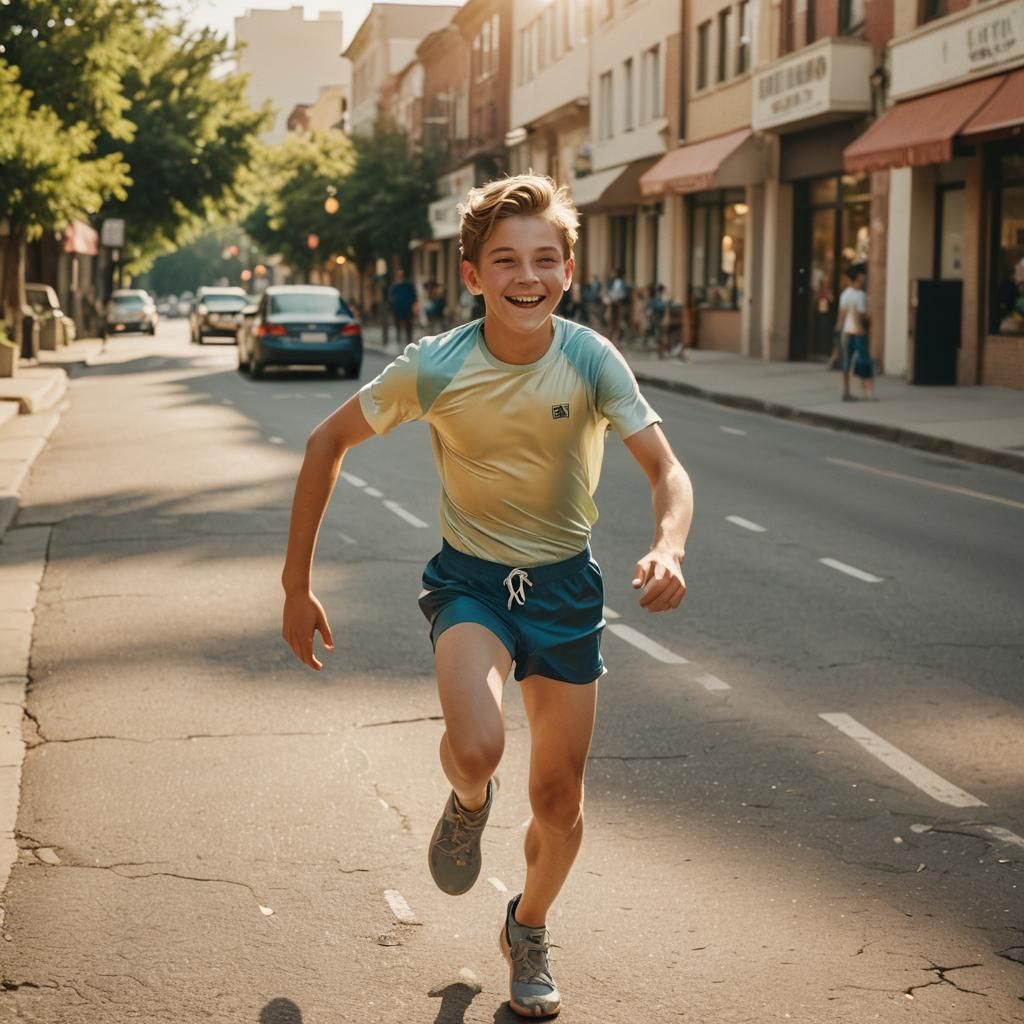 Handsome Boy Running in Swimsuit: Cinematic Film Still