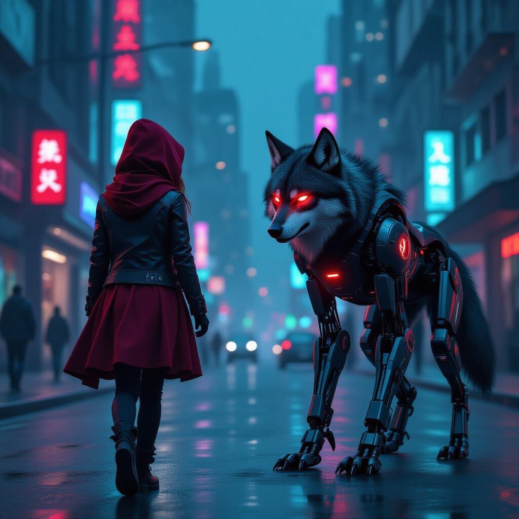 Little Red Riding Hood Meets Cyborg Wolf in Cyberpunk City