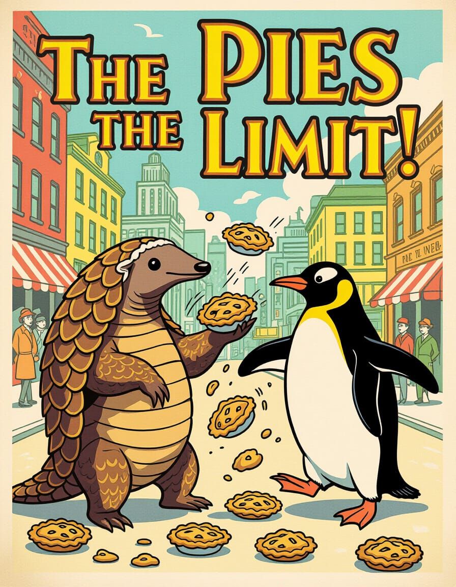 Pangolin and Penguin Pie Fight: 1920s Cartoon Poster