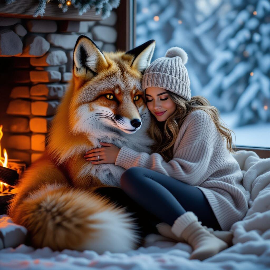 Woman and Giant Fox Warm by Fireplace in Hyperrealism