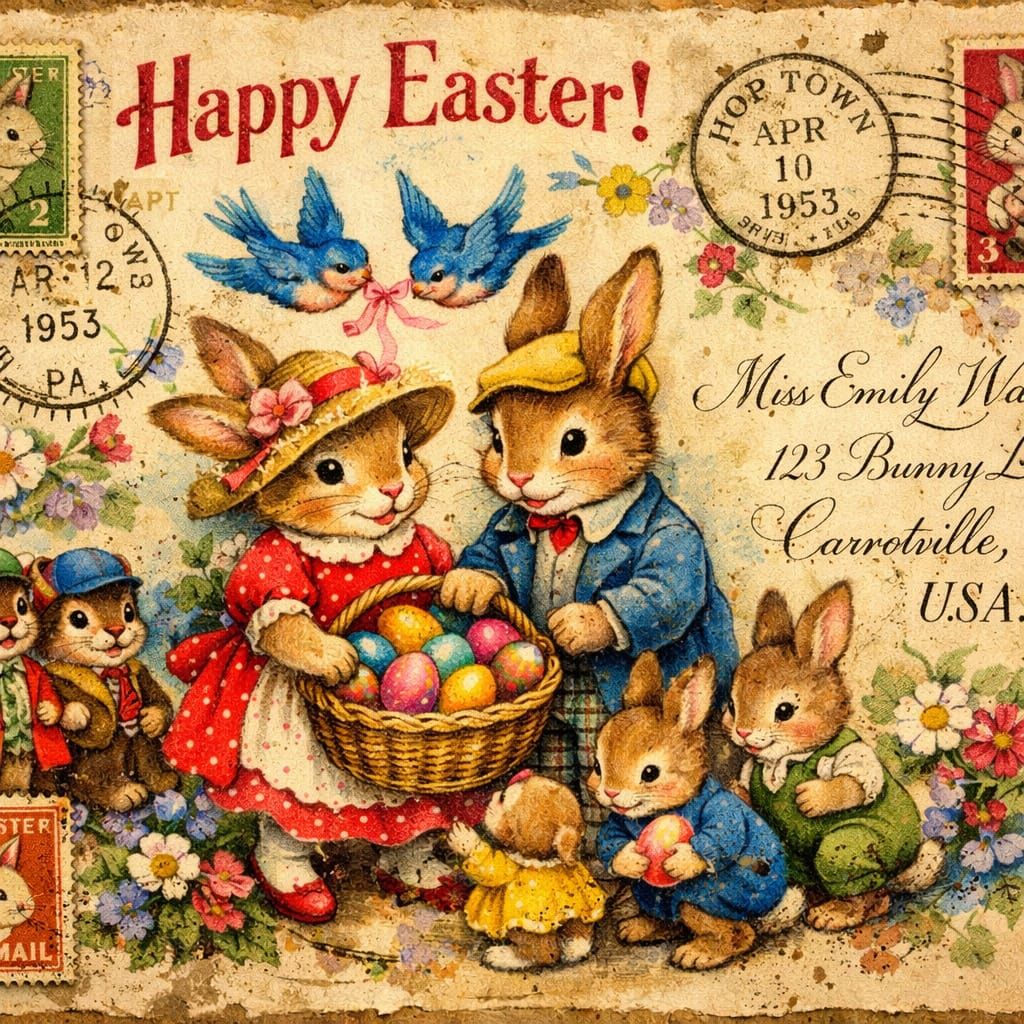 Whimsical Vintage Easter Postcard with Rabbits