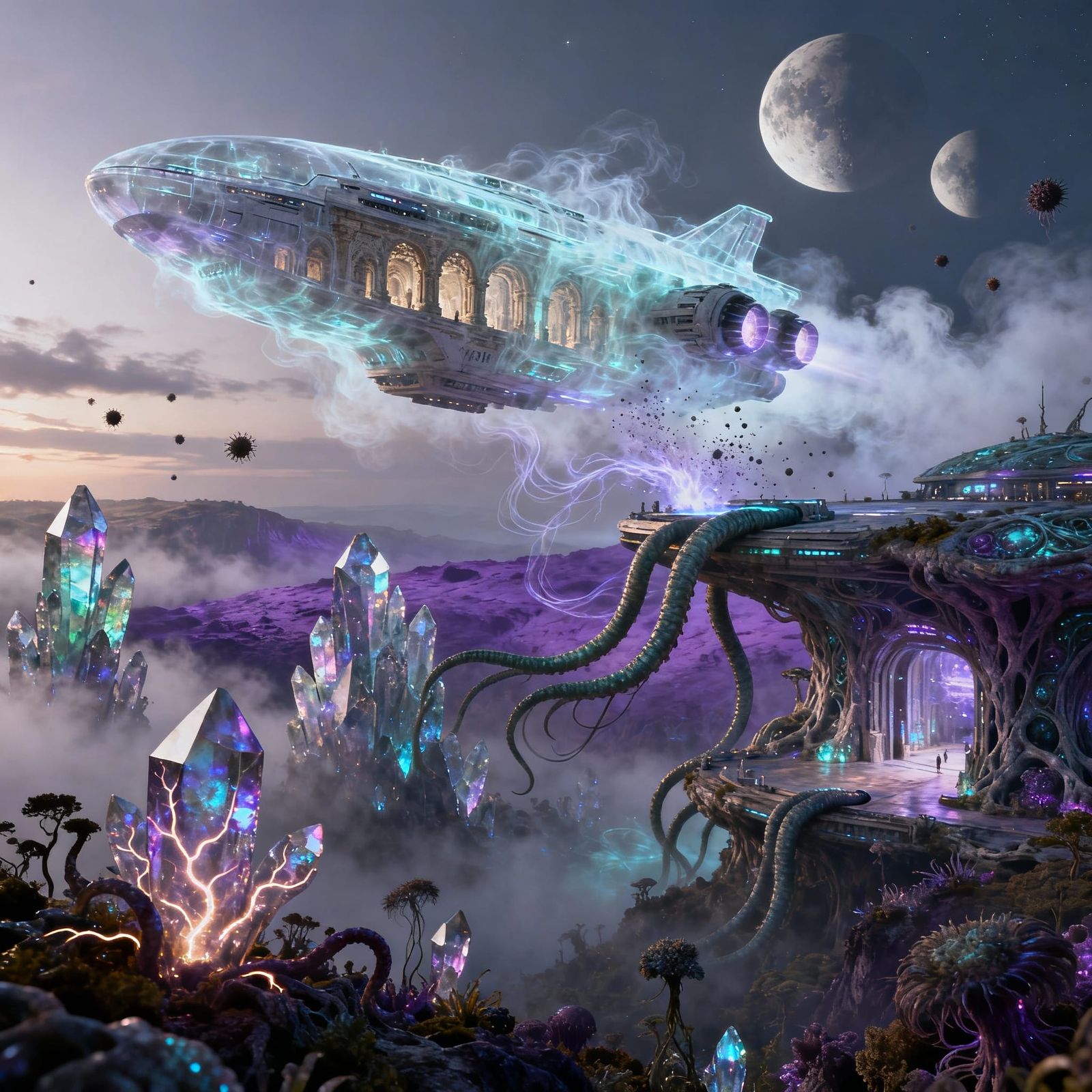 Ethereal Ghost Starship Docking at Alien Spaceport