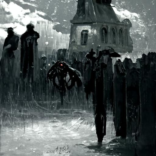 Horror Town at Night in Rain, Dark Art