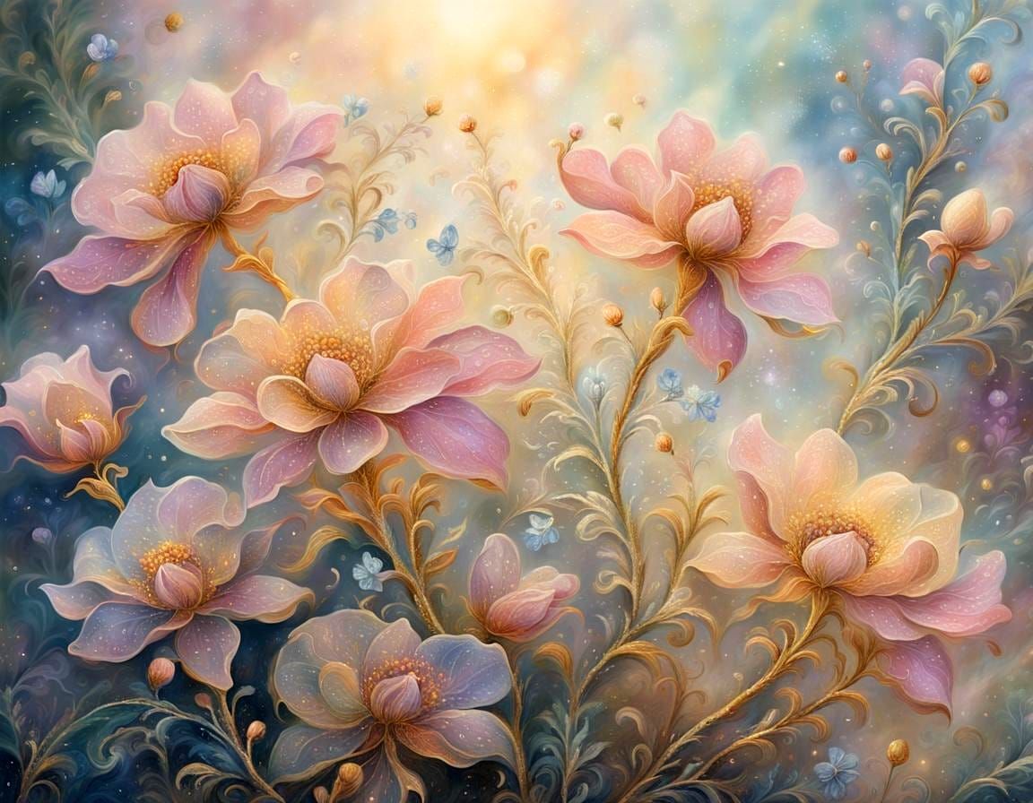 Ethereal Flowers in Gold Dust Fantasy Art