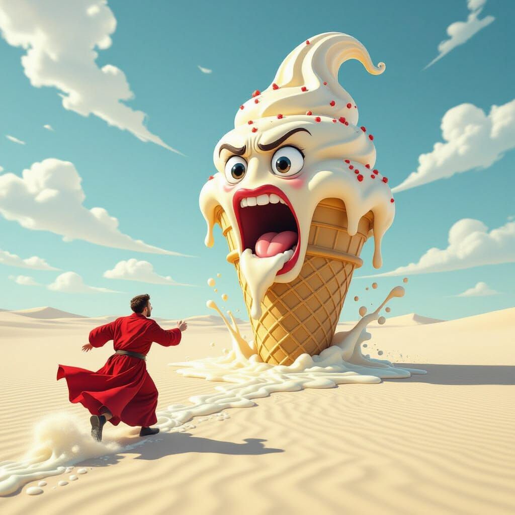 Surreal Cartoon: Man Runs from Giant Ice Cream