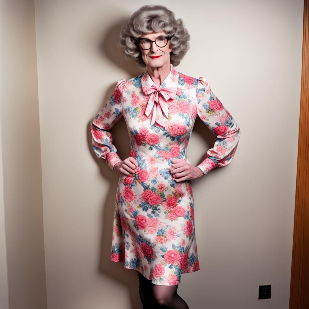 Crossdressing Man in 1980s Floral Dress