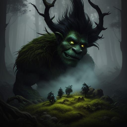 Trolls in Dark Forest, Hyper-Realistic Digital Art