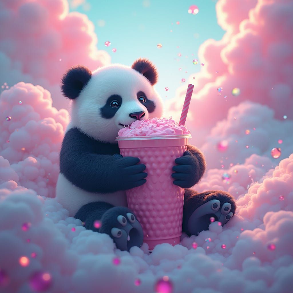 Vibrant Panda Cradles Enchanted Boba Tea Amidst Whimsical Cl...