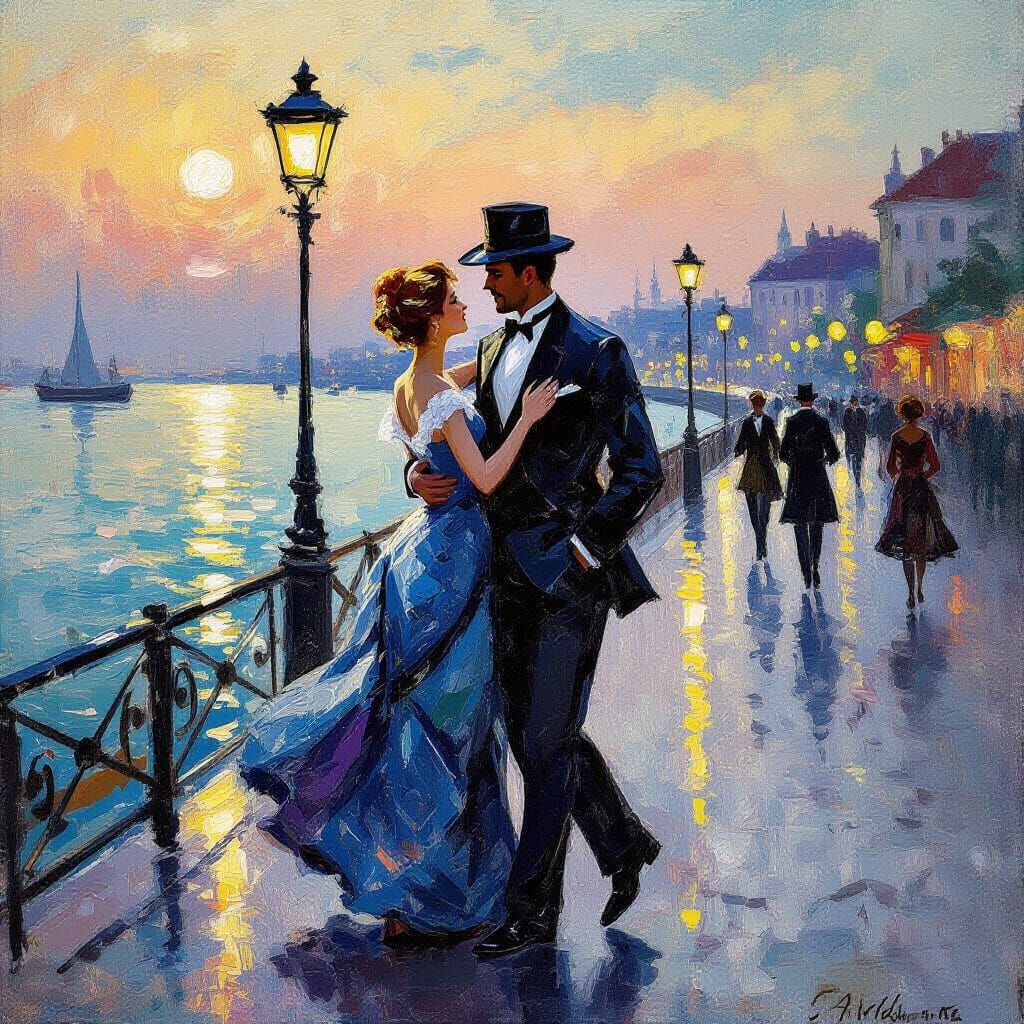 Couple Dancing in Field at Sunset, Impressionist Oil Paintin...