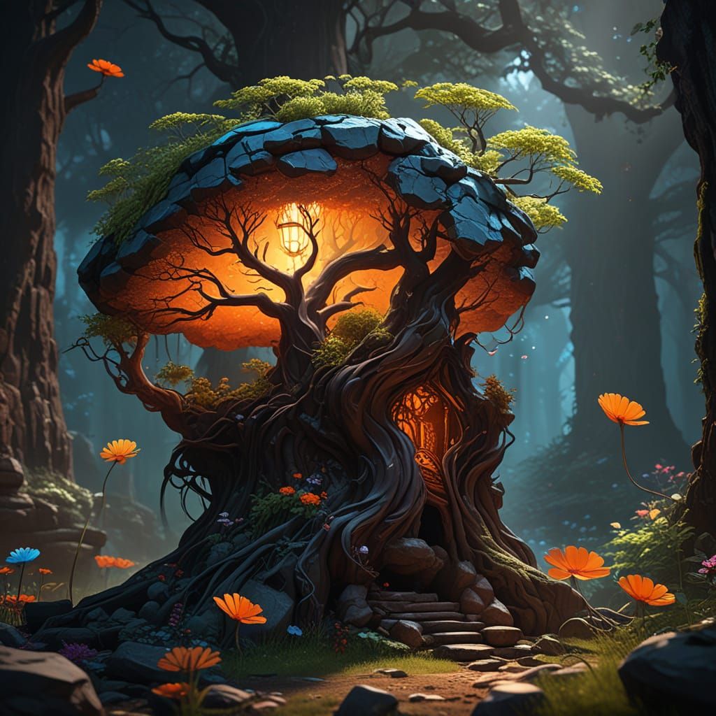 Mystical Tree in Surreal Forest, Pop Art Oil Painting