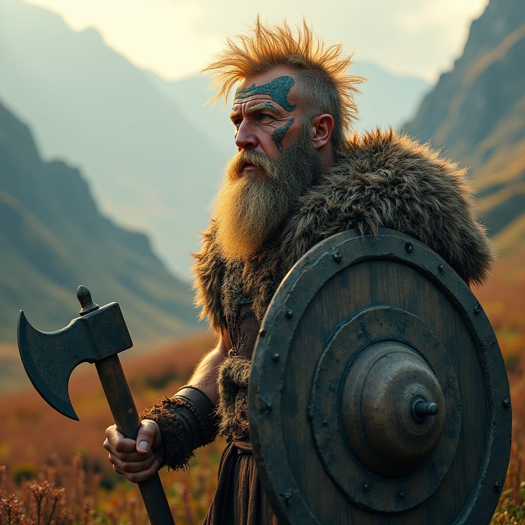 Rugged Celtic Warrior in Misty Highlands: Hyperrealistic Por...