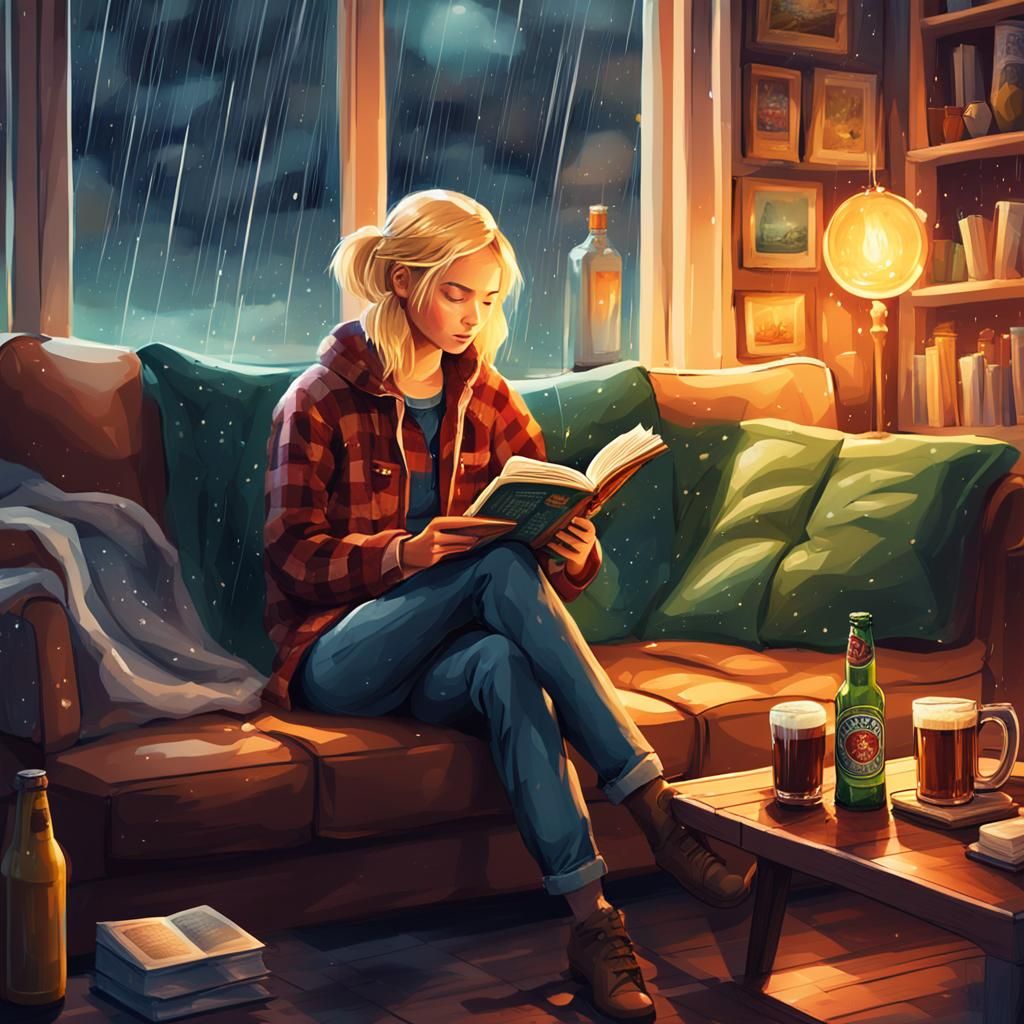 Girl Reading on Couch in Rainy Fantasy World