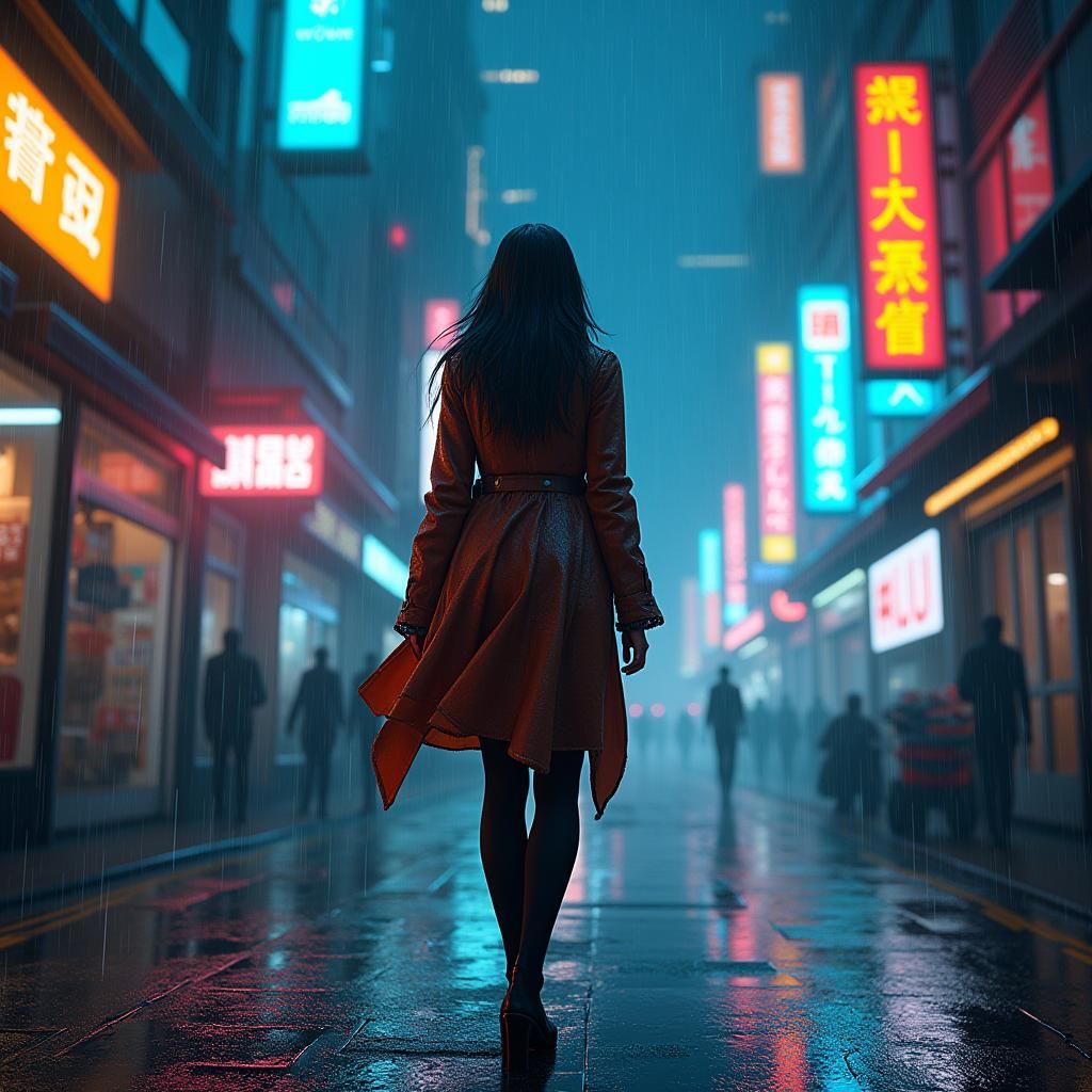 Cyberpunk Sci-Fi Protagonist in Rainy Cityscape
