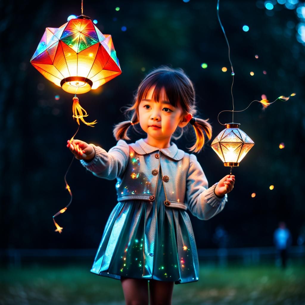 Little girl holding diamond shaped chinese lantern kite(3:8) Sparkling in sky 8k resolution holographic astral cosmic (...