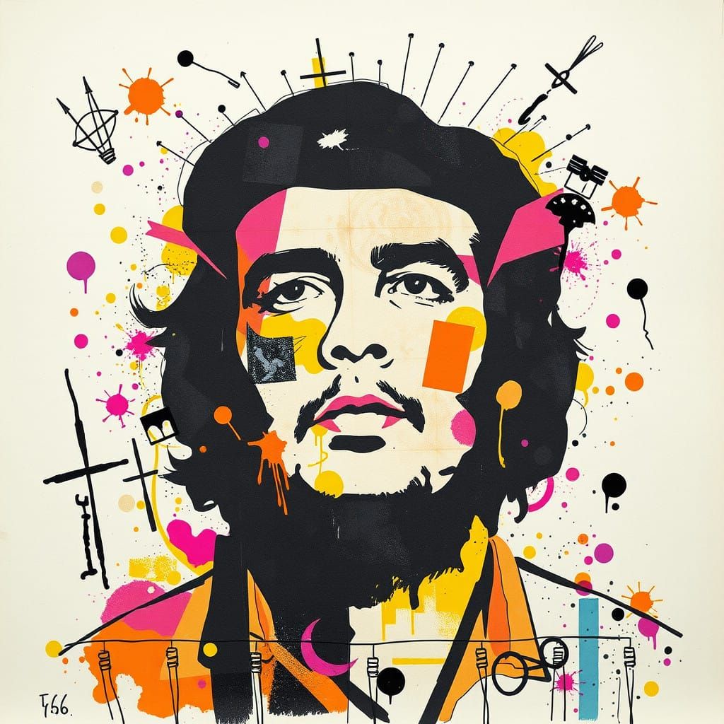 A mixed media collage featuring che guevara figure adorned in vibrant patterns and symbols that evoke emotion., focus on...