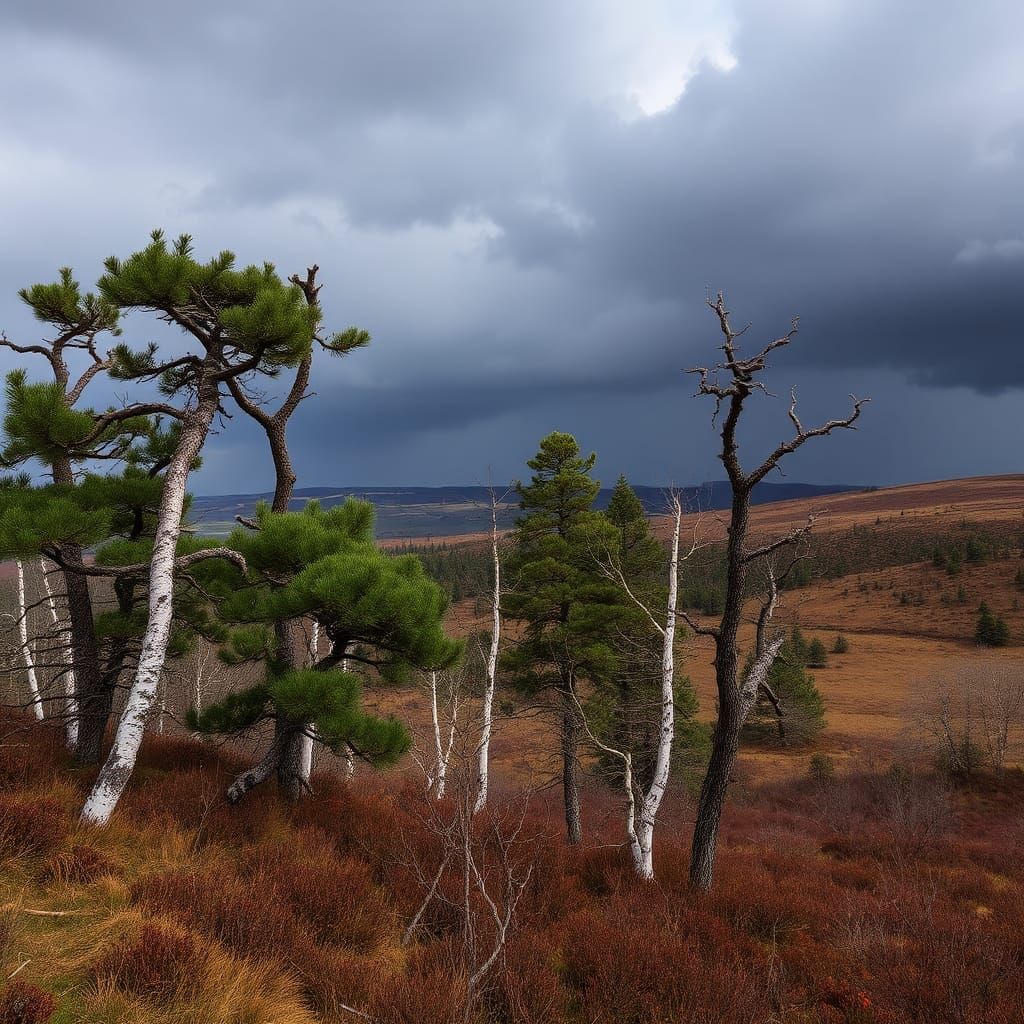 Dramatic Moorland Pines and Birches Before the Storm