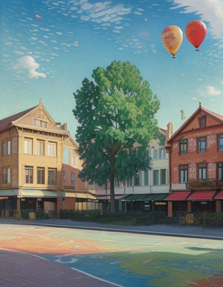 Whimsical Watercolor Cityscape with Blossoming Trees and Vib...