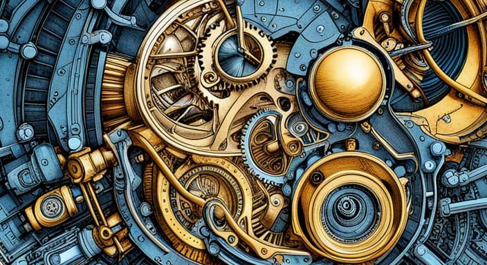 Detailed Steampunk Engine Blueprint in Analogous Colors