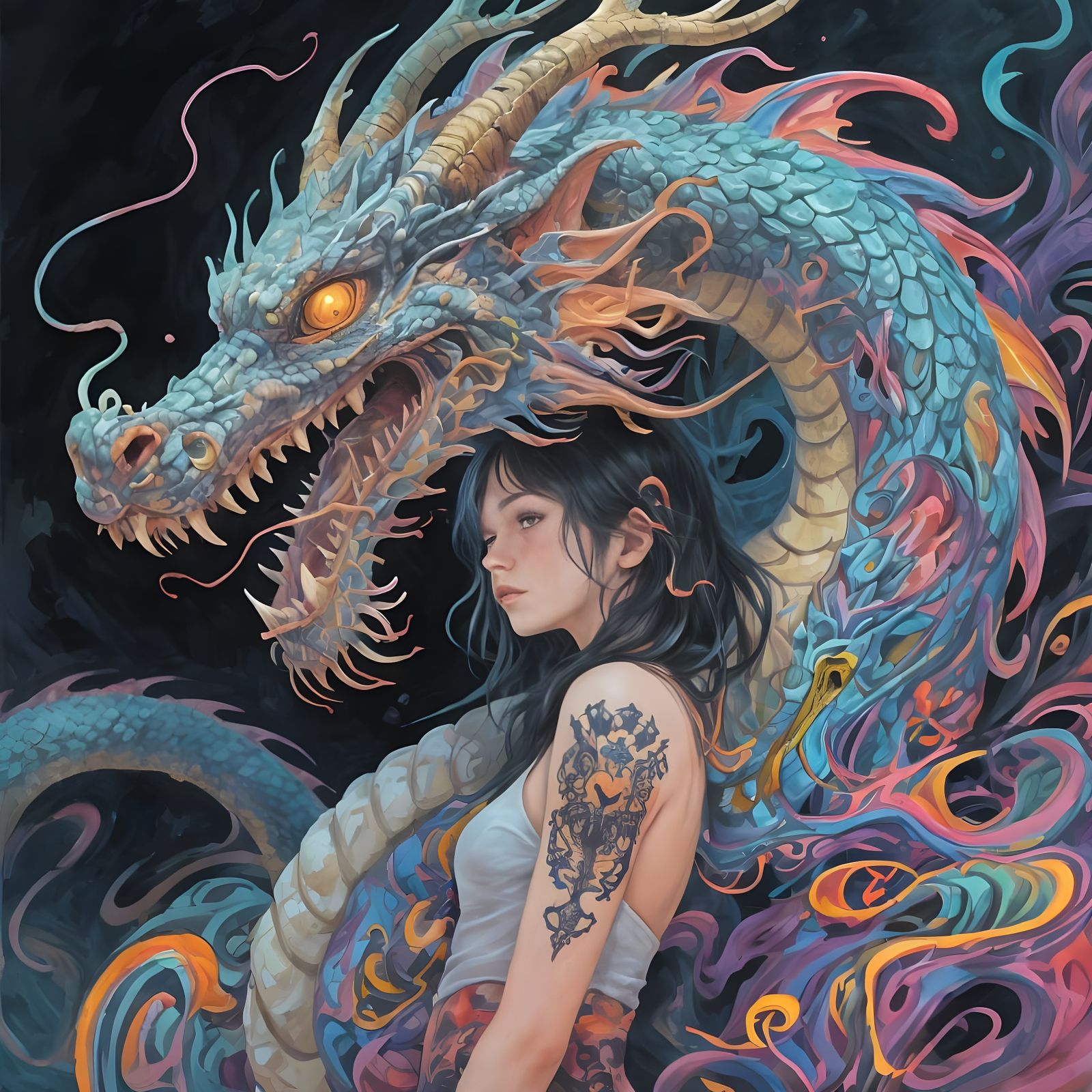 Surreal Dragon with Girl Tattoo in Bizarre Style