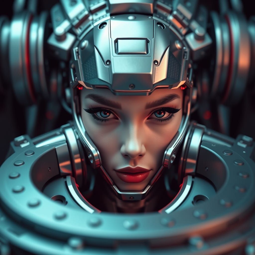 Surreal Futuristic Goddess Amidst Polished Metal Landscape