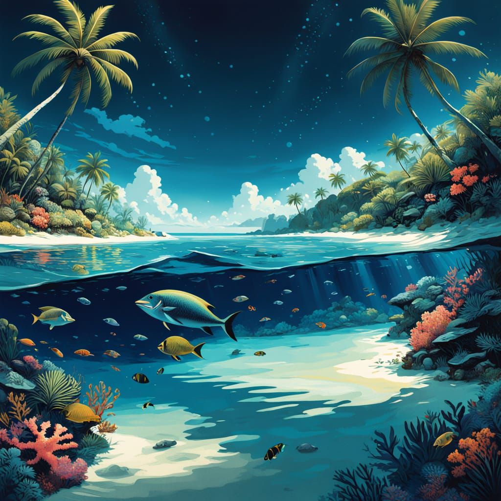 Pastel Paradise Island at Night with Coral Reef