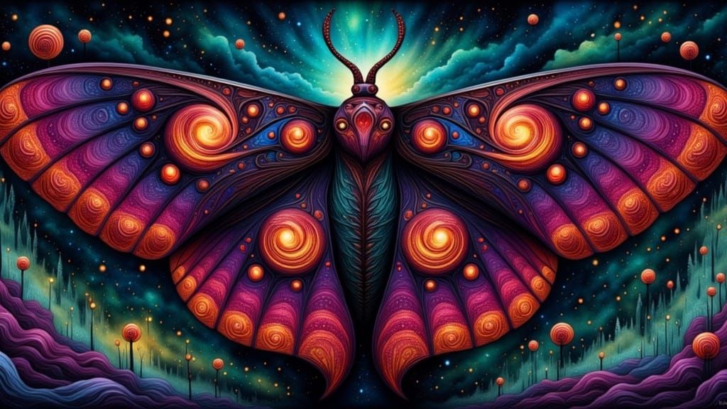 Surreal Moth with Geometric Wings in a Shifting Sky