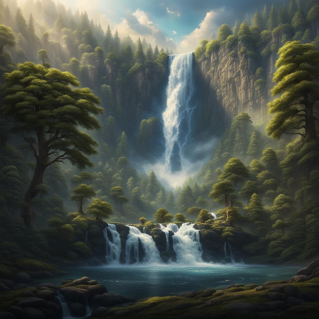 Majestic Mountain Waterfall Digital Matte Painting