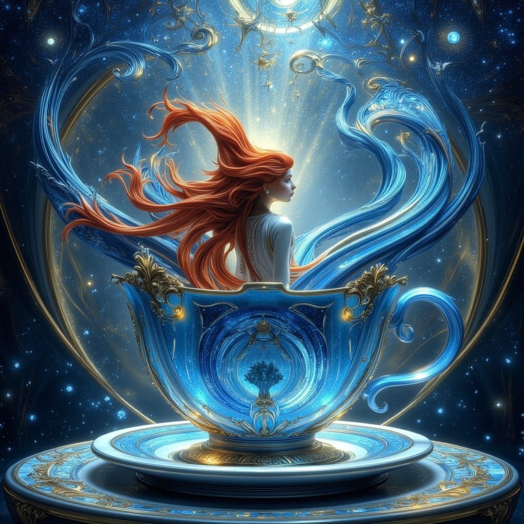 Redhaired Girl in Cosmic Teacup, Photorealistic Surrealism