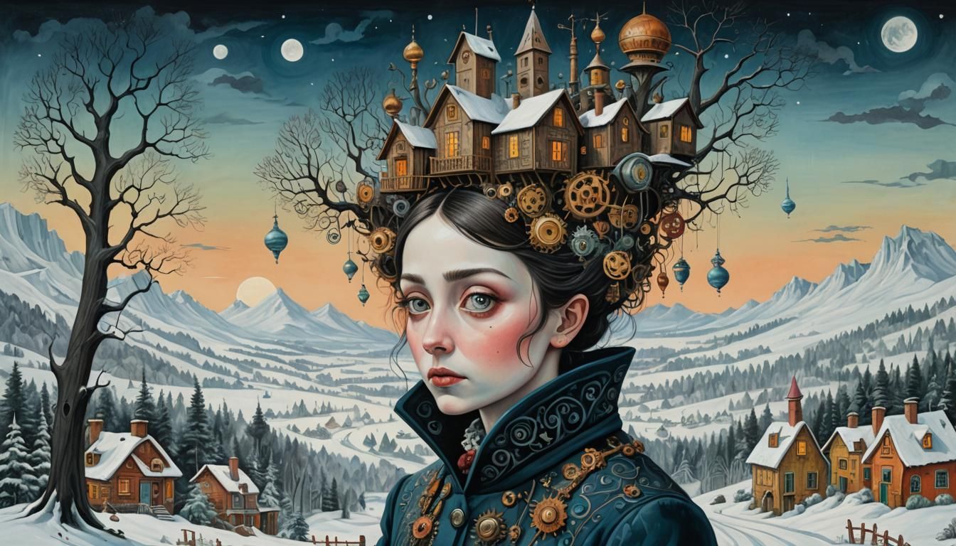 Surreal Winter Wonderland on a Steampunk Head, Inspired by R...