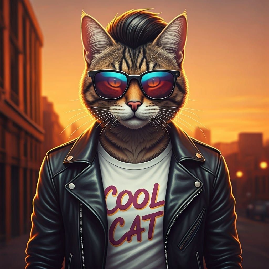 Cool Cat in Leather Jacket Against Sunset