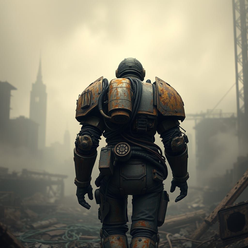 Power Armor Wandering Through Post-Apocalyptic Ruins in Indu...