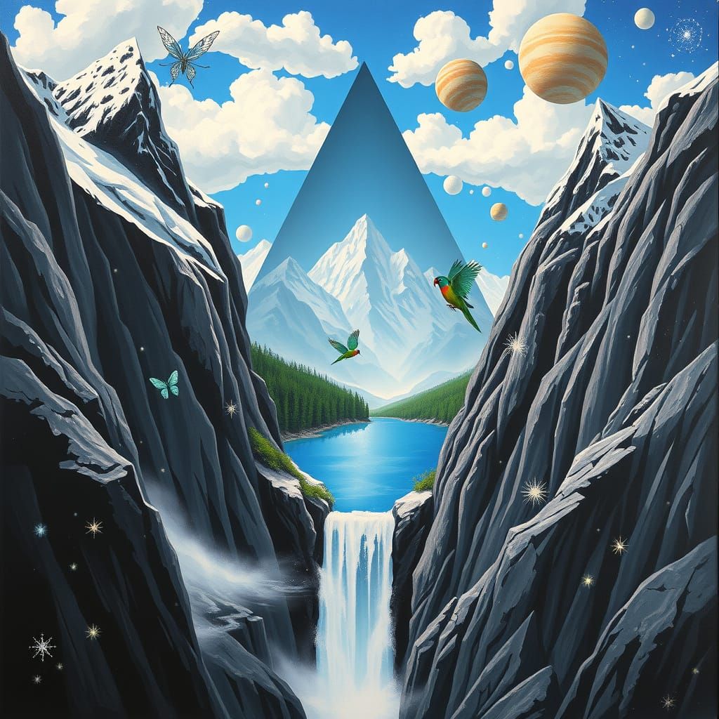 Dreamlike Mountainscape with Triangular Chasm and Serene Lak...