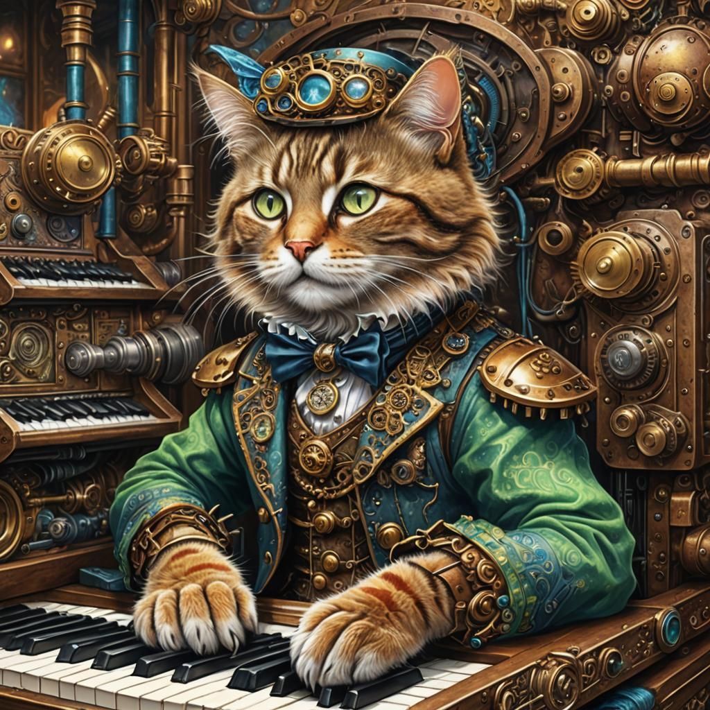 Steampunk Feline Virtuoso in Hyperrealistic Digital Art