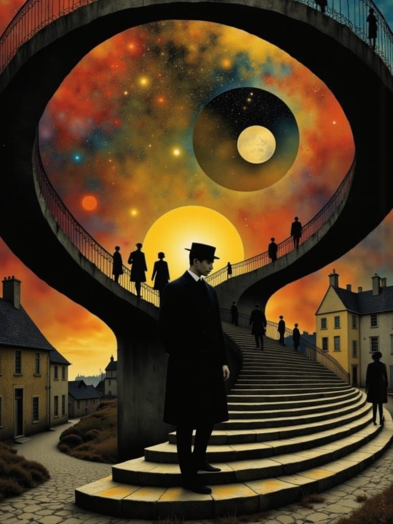 Surreal Golden Sunset Scene with Impossible Staircase