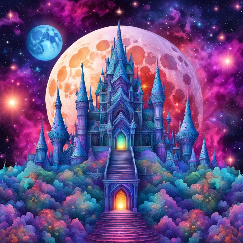 Psychedelic Crystal Castle Over the Moon