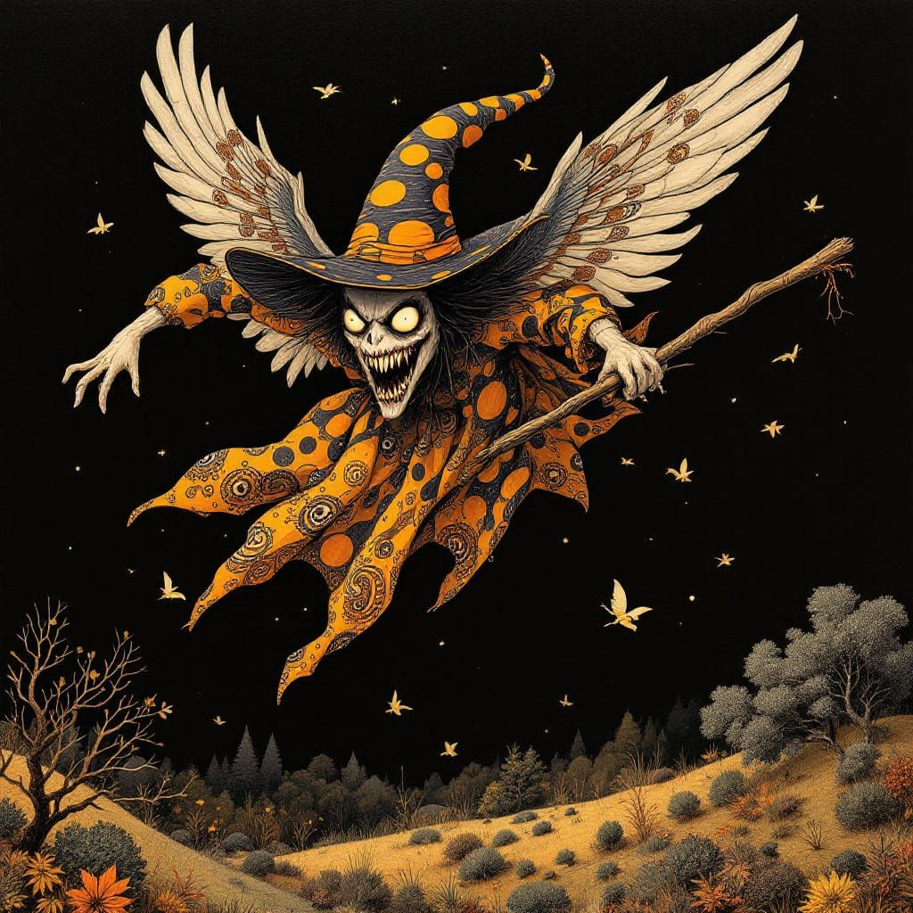 Angry Witch Flying on Fall Landscape, Low Poly Style