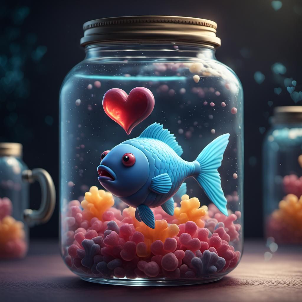 Gummy Fish in Jar: Detailed Fantasy Concept Art