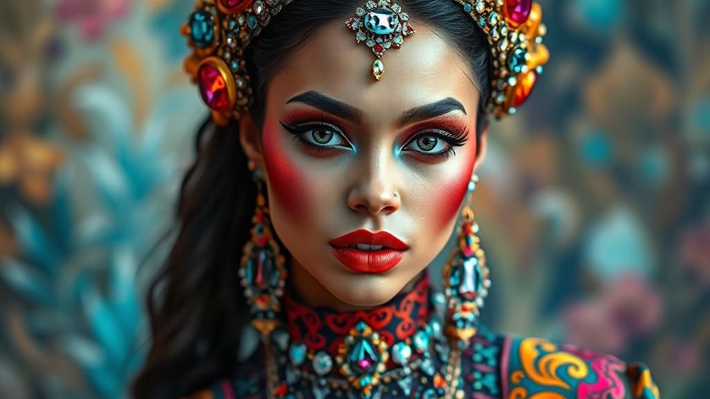 Beautiful Woman with Ornate Clothing in Gouache Style
