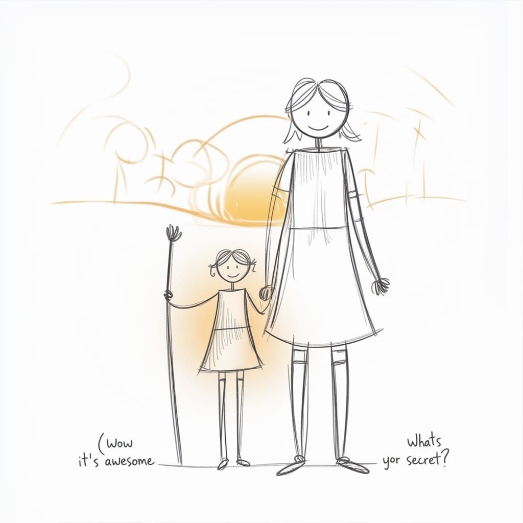 Whimsical Pencil Drawing of a Happy Stick Figure Family unde...