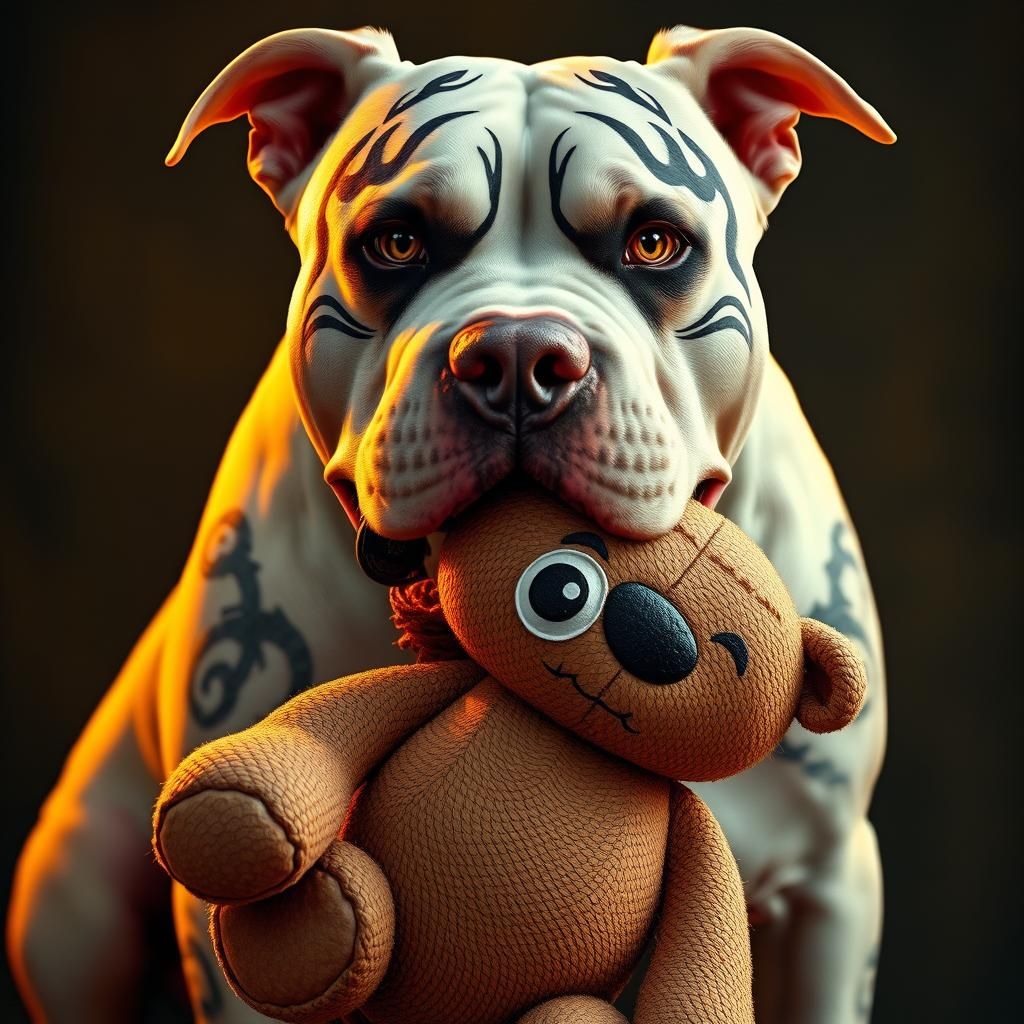 . Close-up portrait. zeus the stray demonic white pitbull holding a demonic teddy bear