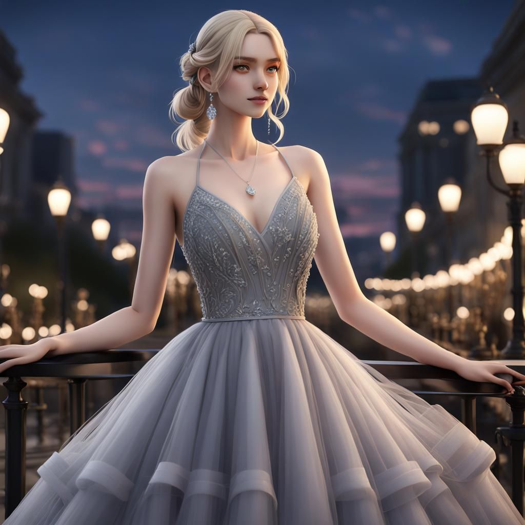 Blonde Girl in Tulle Dress: Anime-Inspired 3D Art