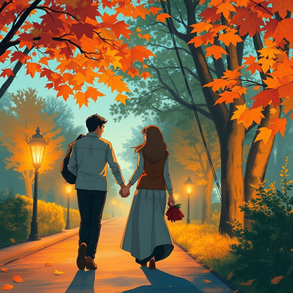 Romantic Autumn Walk in Anime Style