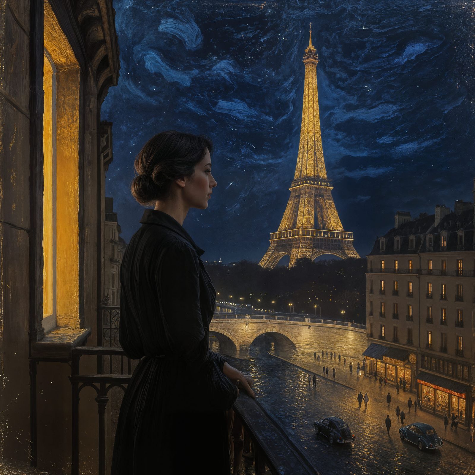 Parisian Balcony Scene in Hyperrealistic Oil Painting