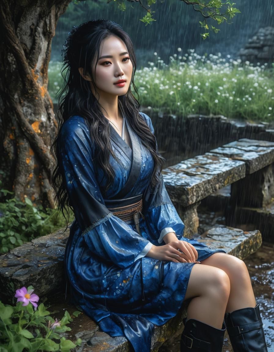 Surreal Watercolor: Korean Woman in Stone Ruins
