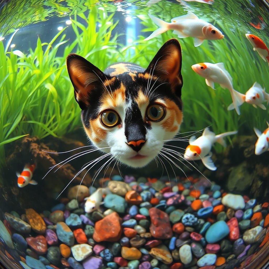 Calico Cat's Underwater Adventure with Koi Fish